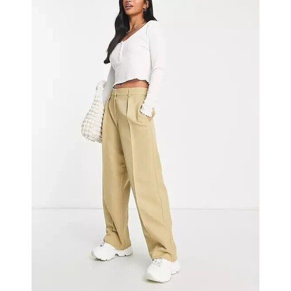 ASOS DESIGN Hourglass Everyday Slouchy Boy Pants in stone Casual Y2K sz 12 - Picture 1 of 8